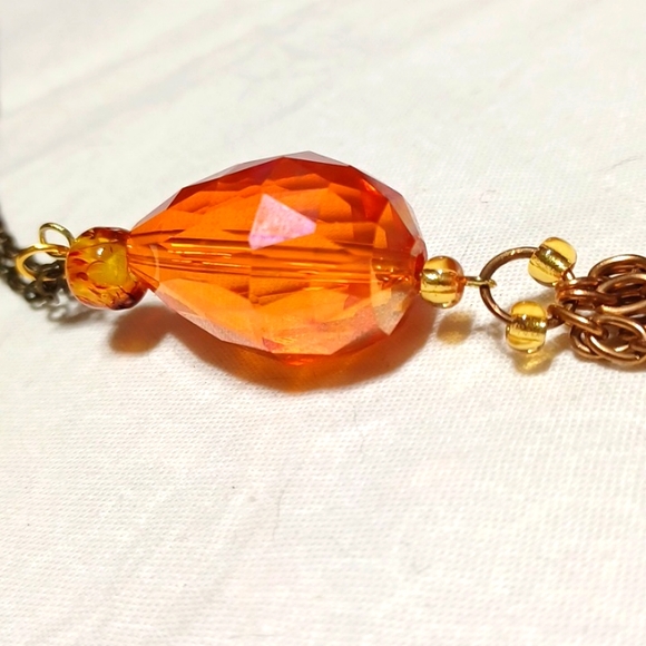 Gold tassel pendant necklace golden bead amber glass honey orange chain handmade - Picture 3 of 7